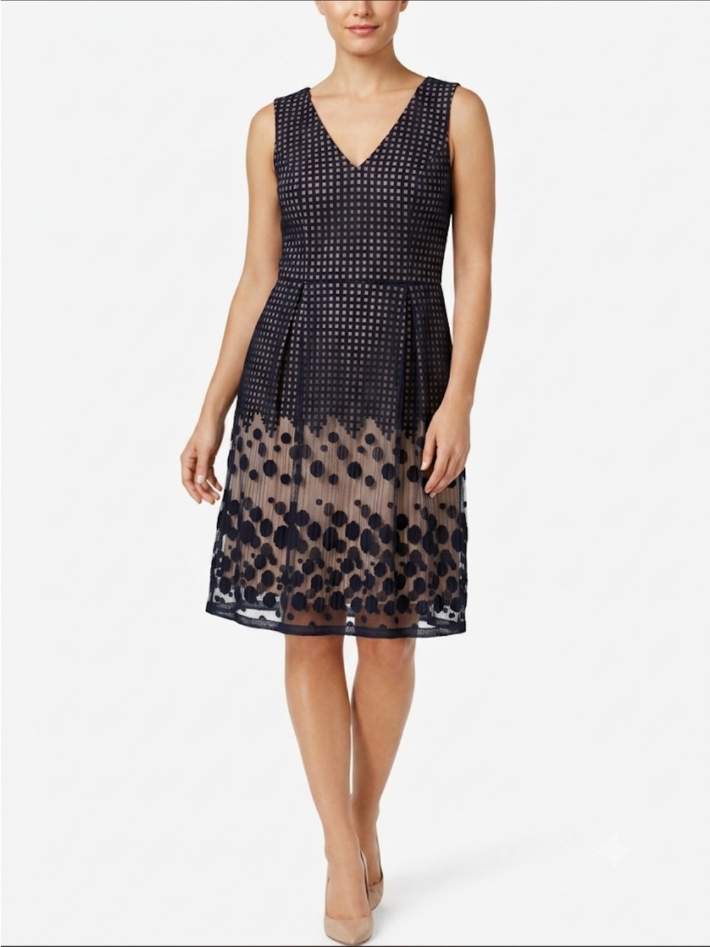 Adrianna Papell Navy Lace Overlay Fit And Flare Dress